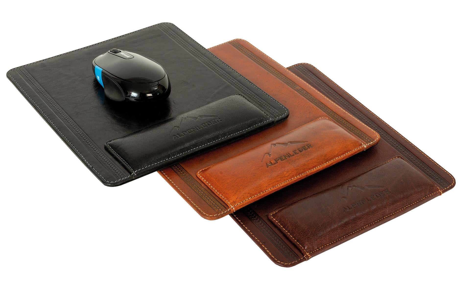 Alpenleder Mausmatte mit Handgelenkauflage – Konstanz – für Maus – Leder, Anti-Rutsch-Basis – 220×240×10 mm