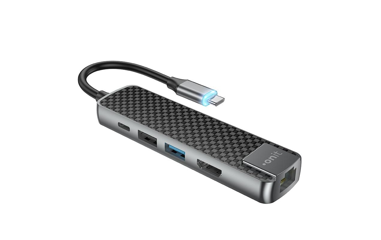 ONIT F00834 Multiport-Adapter – USB-C, 1× HDMI, 2× USB-A, 1× USB-C, 60 W PD, für Windows/Mac/Android