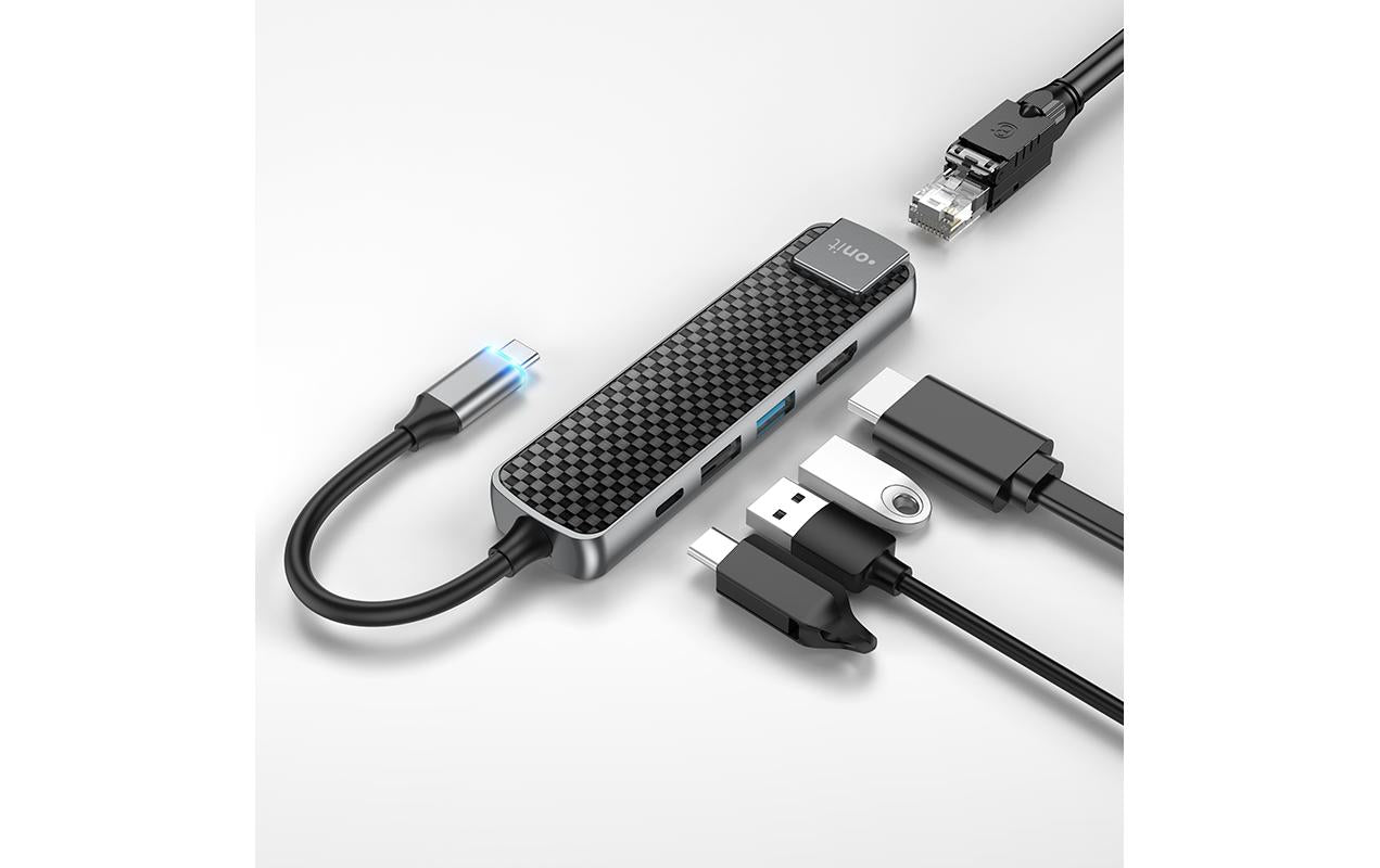 ONIT F00834 Multiport-Adapter – USB-C, 1× HDMI, 2× USB-A, 1× USB-C, 60 W PD, für Windows/Mac/Android