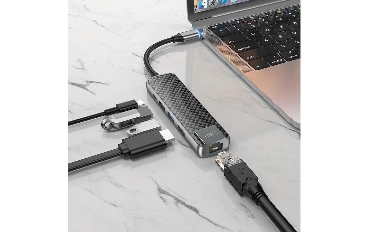 ONIT F00834 Multiport-Adapter – USB-C, 1× HDMI, 2× USB-A, 1× USB-C, 60 W PD, für Windows/Mac/Android