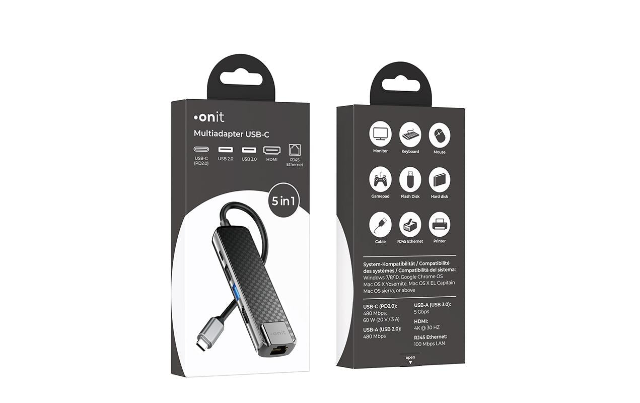 ONIT F00834 Multiport-Adapter – USB-C, 1× HDMI, 2× USB-A, 1× USB-C, 60 W PD, für Windows/Mac/Android