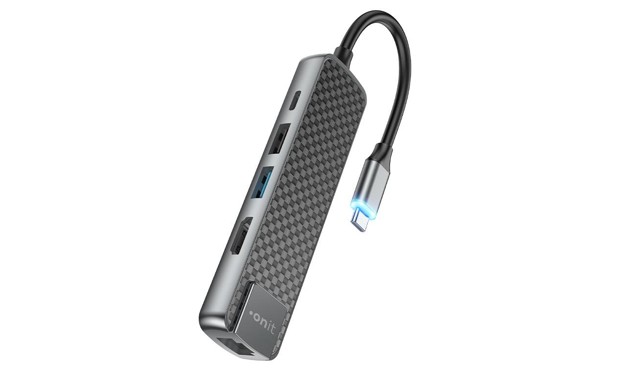 ONIT F00834 Multiport-Adapter – USB-C, 1× HDMI, 2× USB-A, 1× USB-C, 60 W PD, für Windows/Mac/Android