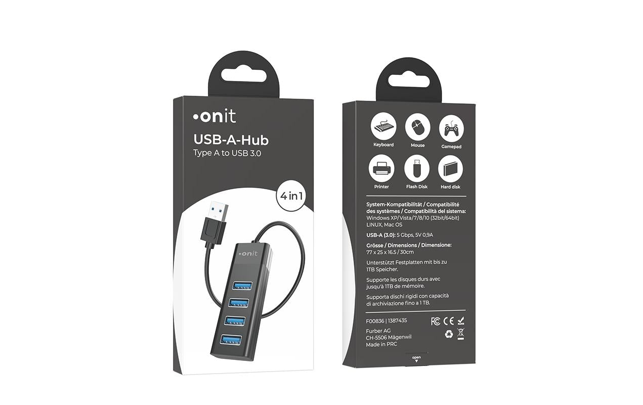 ONIT F00836 USB-Hub – USB 3.0, 4× USB-A, für Windows/Mac/Linux