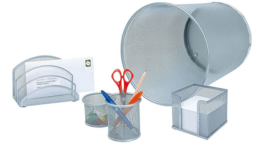 WEDO Schreibtisch-Organizer-Set 65 154 – 5-teilig, Metall, Silber, Köcher-Set, Briefständer, Zettelbox