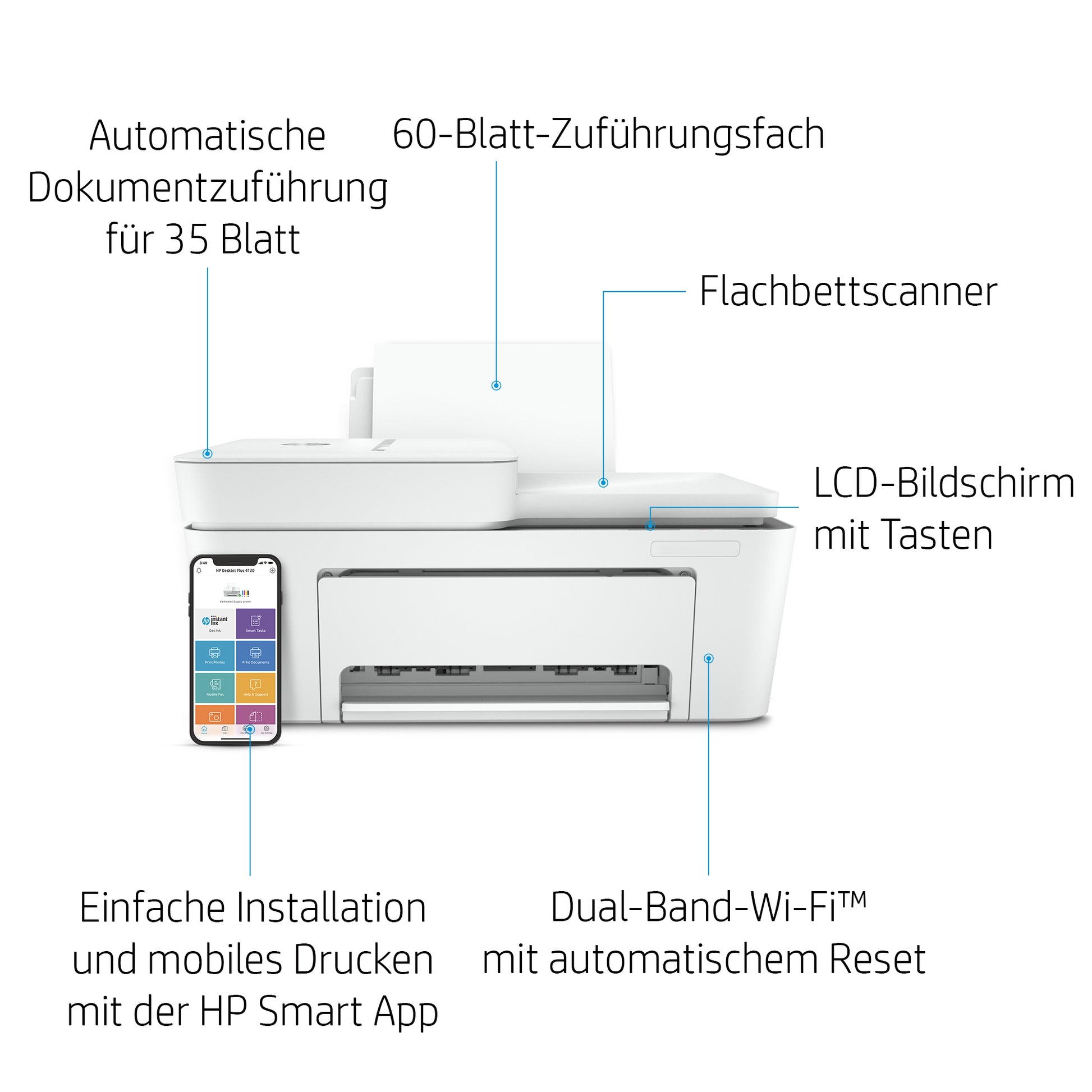 HP DeskJet Plus 4120 – Farbtintenstrahl-Multifunktionsdrucker, A4, 4-in-1, Duplex, ADF, WLAN