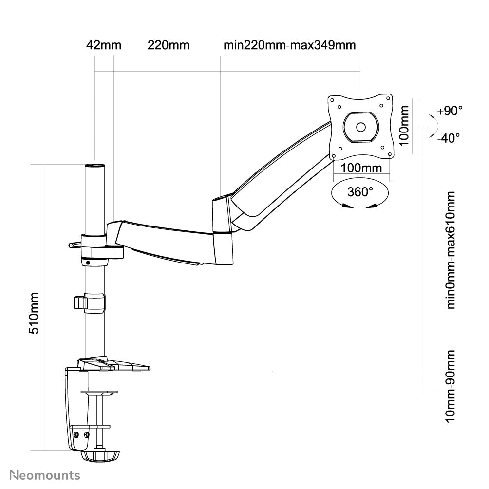 Neomounts Monitorarm, Tischklemme, bis 30", höhenverstellbar, Gasfeder, neigen/schwenken, Silber