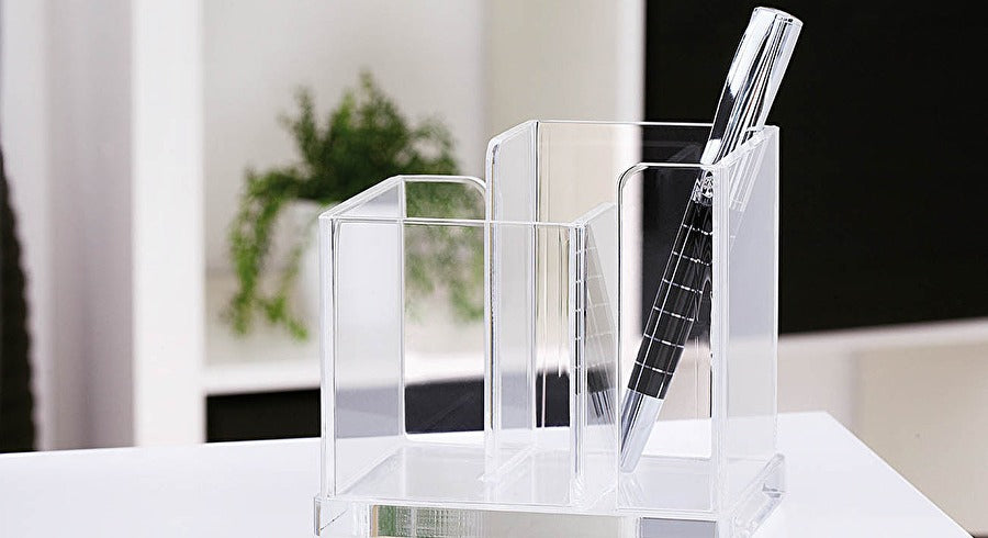 Wedo Stifteköcher – 2 Fächer, transparent, Acryl, B 120 × H 100 × T 85 mm