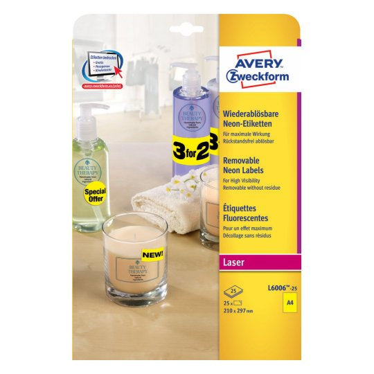 Avery Zweckform – Haftetiketten, 210 mm × 297 mm, Neongelb, Papier, wiederablösbar, 25 Etiketten