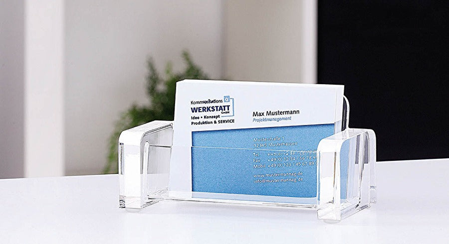 Wedo Visitenkartenhalter CRISTAL – Acryl, transparent, rutschfeste Füsse, 114 × 55 × 50 mm