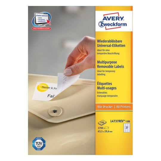 Avery Drucketiketten, 64 mm × 30 mm, weiss, Papier, wiederablösbar, 100 Blätter (2700 Etiketten)