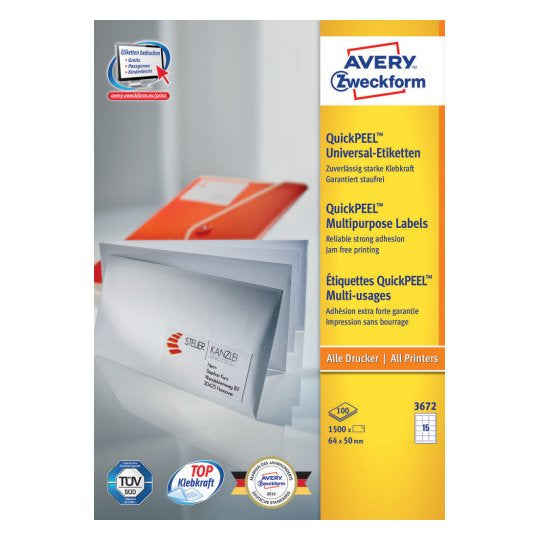 AVERY Zweckform Universal Schuletiketten – 64 × 50 mm, 1500 Stk, 100 Bogen