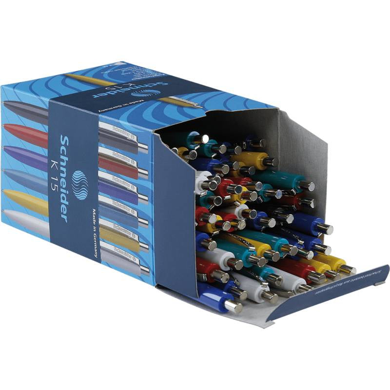 Schneider Schreibgeräte Schneider K15 Kugelschreiber – 50er Pack, sortierte Farben, Druckmechanismus, nachfüllbar