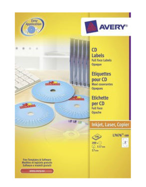 Avery CD-/DVD-Etiketten, Ø 117 mm, weiss, Papier, permanent, 200 Etiketten (100 Blatt)