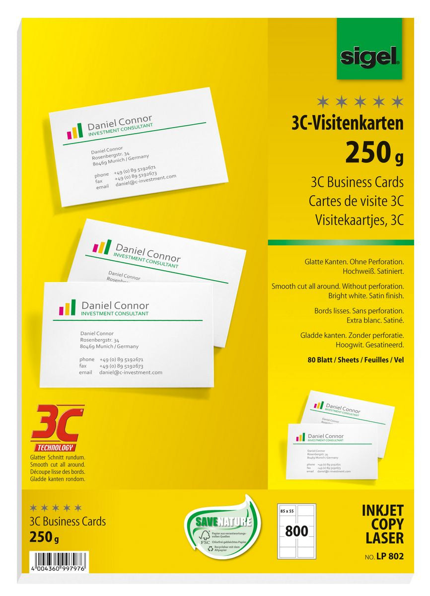 Sigel Visitenkarten, Satin, 85 × 55 mm, 250 g/m² – für Laser/Inkjet – 10/Blatt – 800 Karten – FSC-zertifiziert