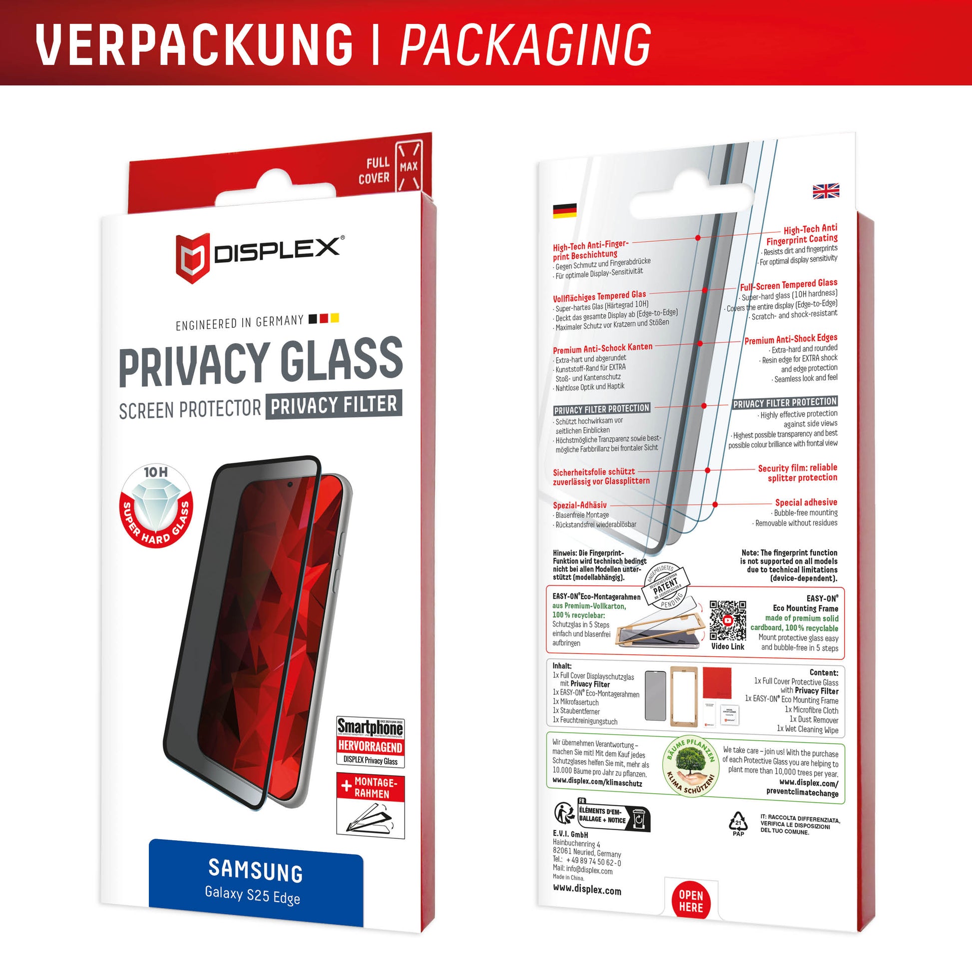 Displex Privacy-Filter (Panzerglas), Full Cover – für Galaxy S25 Edge – mit Applikator