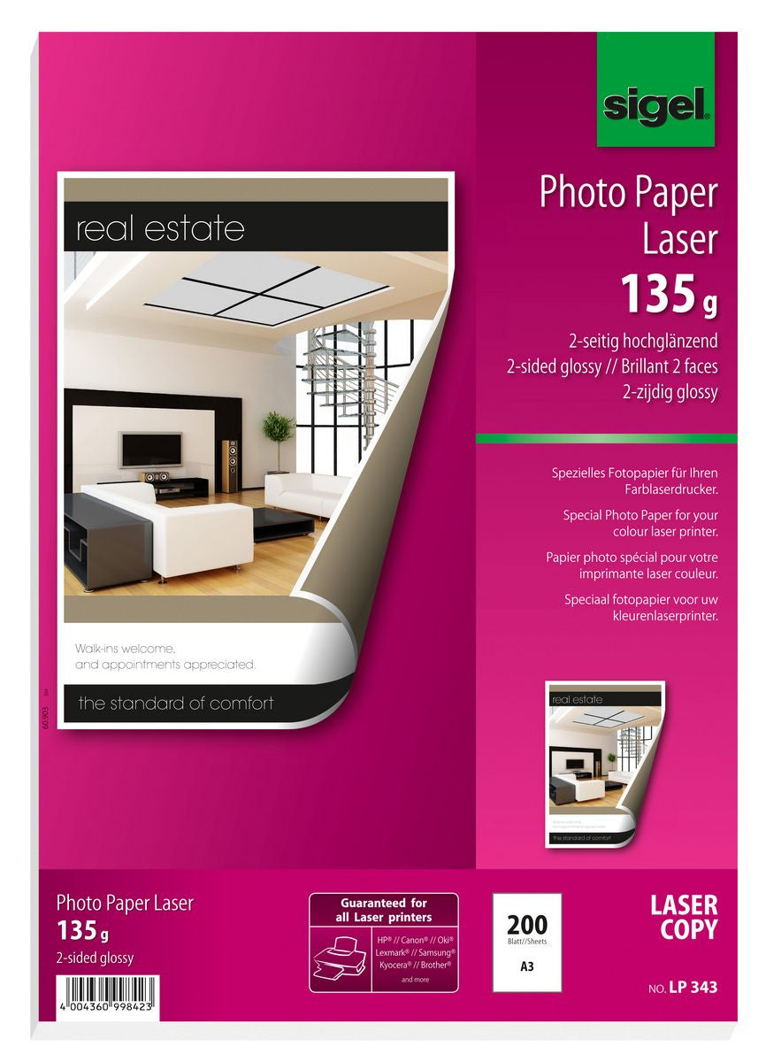 Sigel Fotopapier – glänzend, A3, 135 g/m², 200 Blatt, beidseitig – für Farblaserdrucker und -kopierer