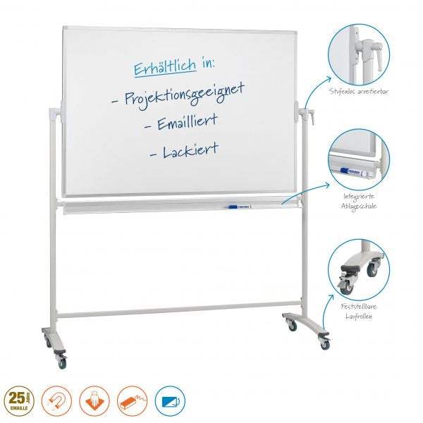 Franken Whiteboard – 120 × 90 cm, lackierter Stahl, magnetisch, Aluminiumrahmen, silber, mobil, drehbar