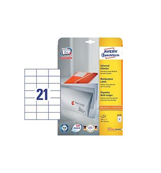 AVERY Zweckform 6174 – Etiketten A4 70 × 42 mm – Papier, weiss – Laser/Inkjet – 21 pro Blatt, 25 Blätter (525 Stk)