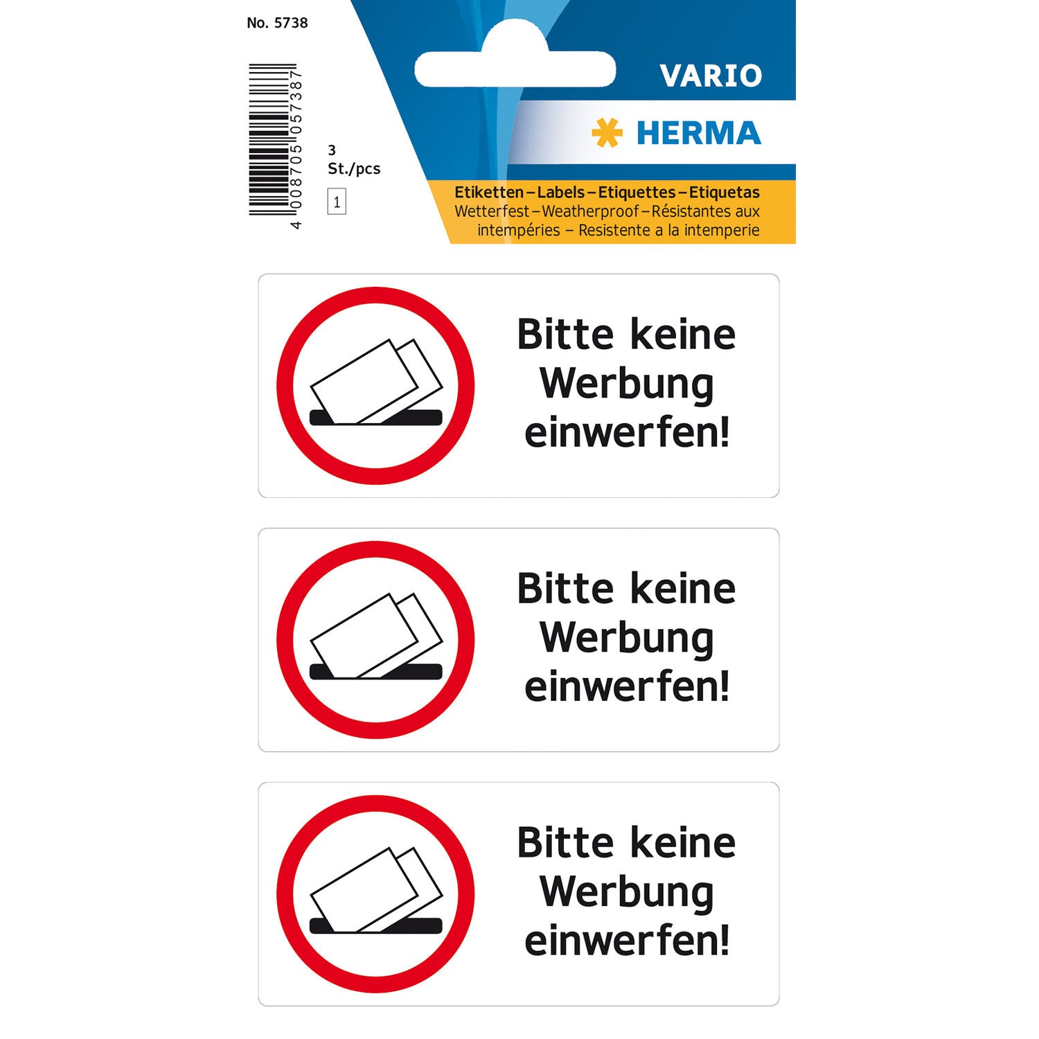 HERMA Hinweisaufkleber Bitte keine Werbung einwerfen – 84 × 120 mm – permanent – Folie – schwarz/weiss – 3 Stk.