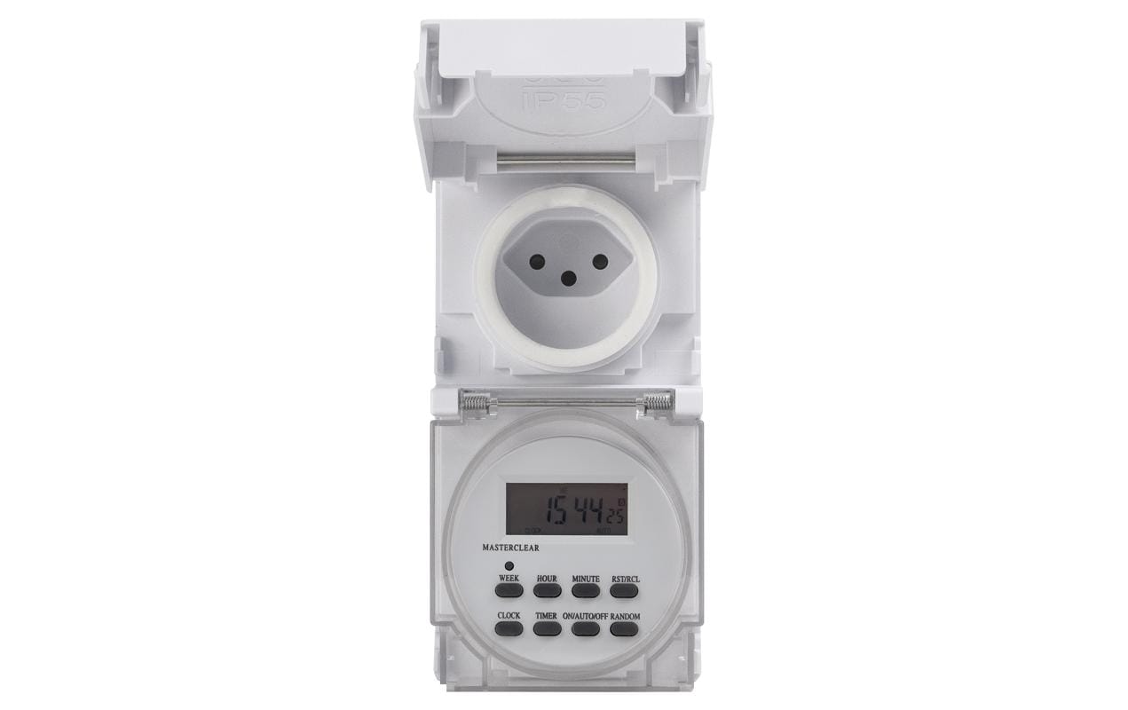 Steffen Digitale Zeitschaltuhr (DIN-Schiene) – Wochentimer, IP55 – 230 V, 10 A – Zwischenstecker