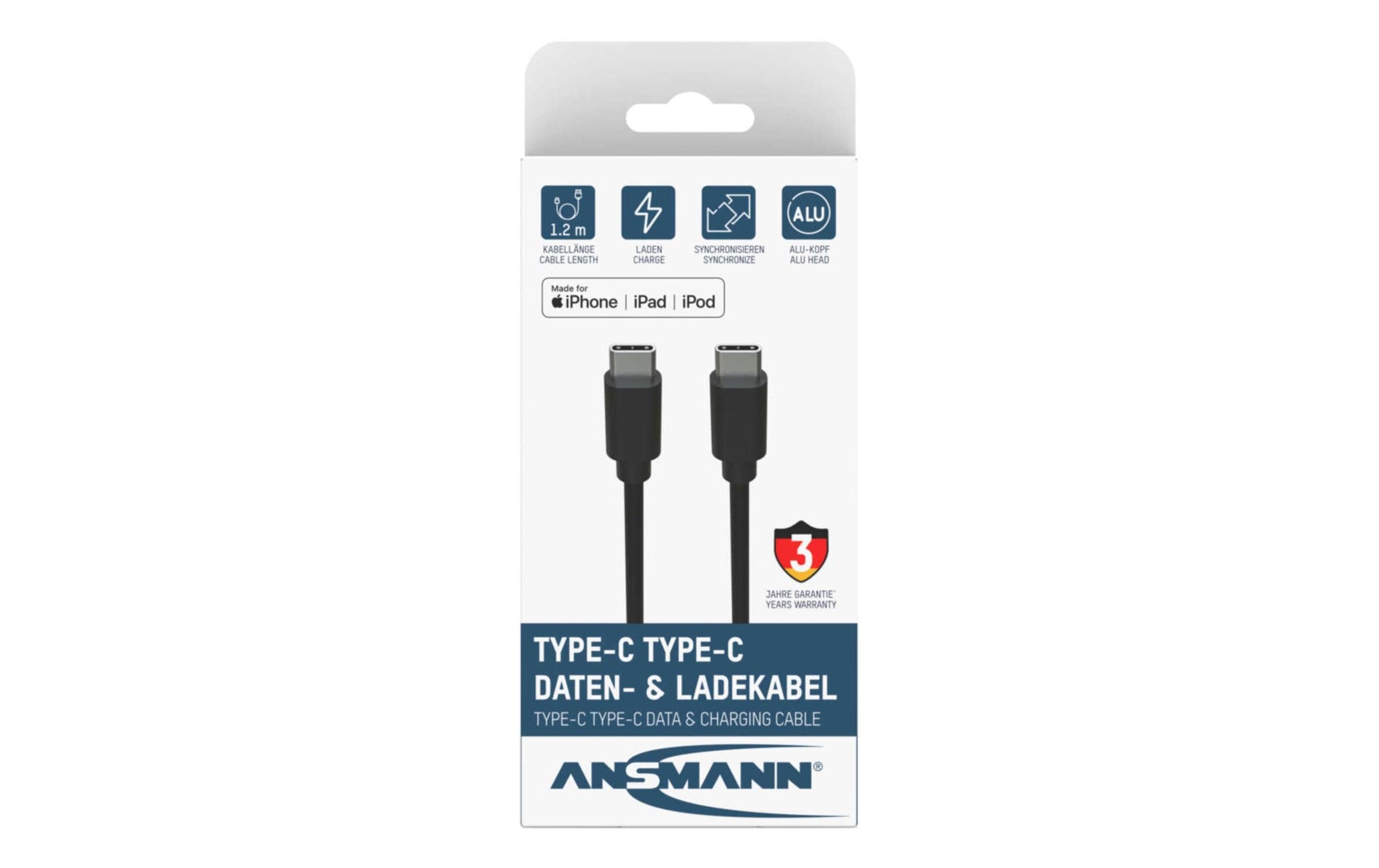 Ansmann USB-C auf USB-C Kabel – USB 3.2 Gen 1 (5 Gbit/s) – 1,2 m – TPE-Mantel – Schwarz