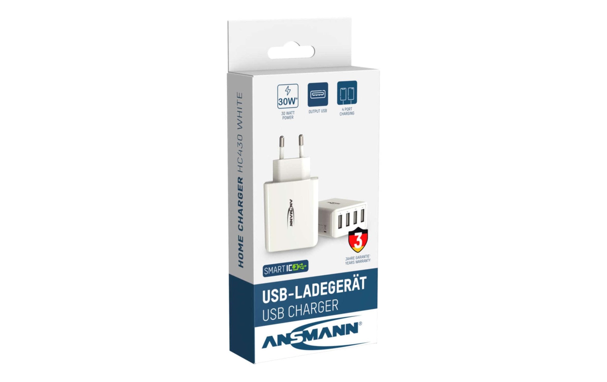 Ansmann Home Charger HC430 USB-Ladegerät 30 W – USB-A×4 – für Smartphones, Tablets u. Ä. – Weiss