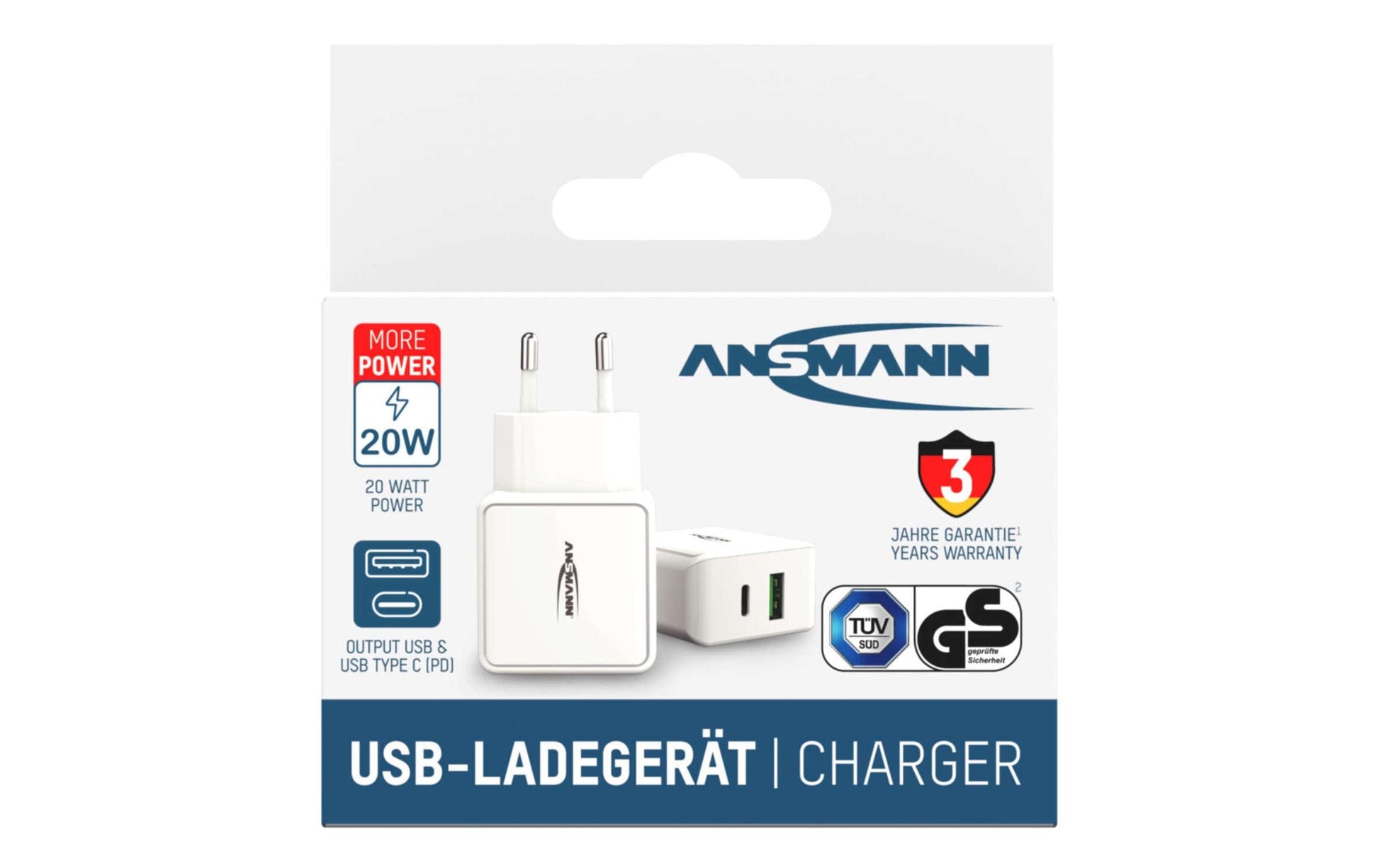 Ansmann Home Charger HC218PD USB-Ladegerät 20 W – USB-C×1, USB-A×1 – PD, QC 3.0