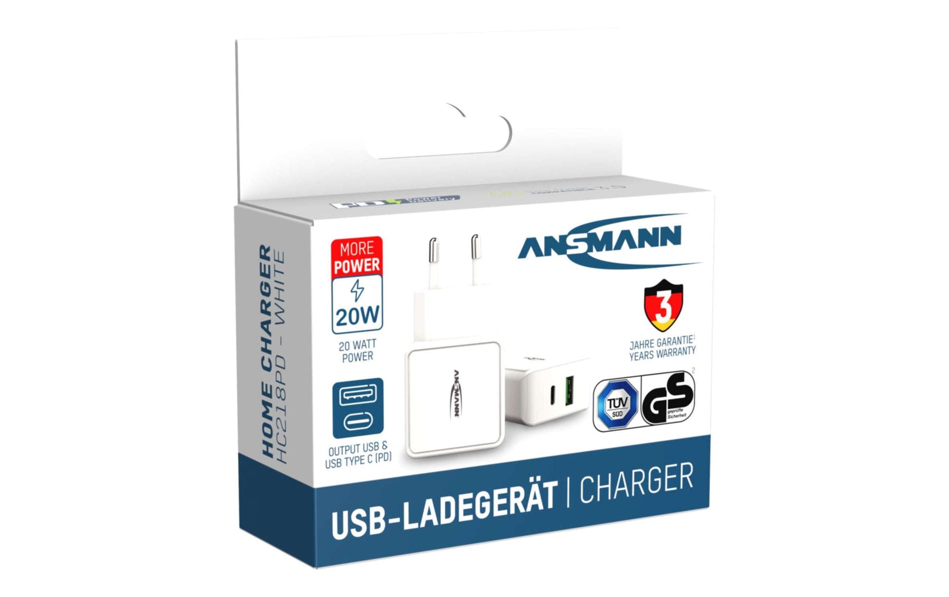 Ansmann Home Charger HC218PD USB-Ladegerät 20 W – USB-C×1, USB-A×1 – PD, QC 3.0