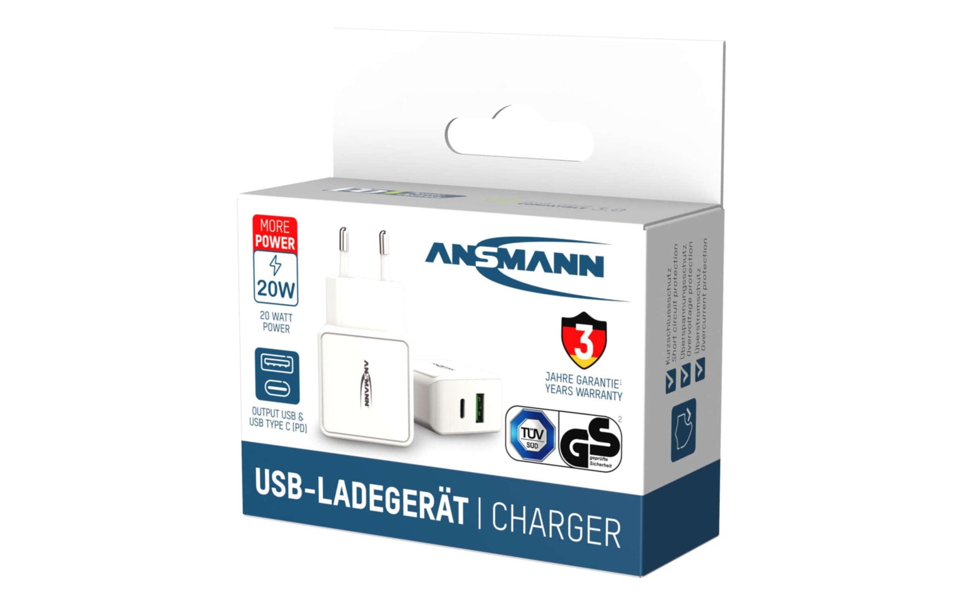 Ansmann Home Charger HC218PD USB-Ladegerät 20 W – USB-C×1, USB-A×1 – PD, QC 3.0