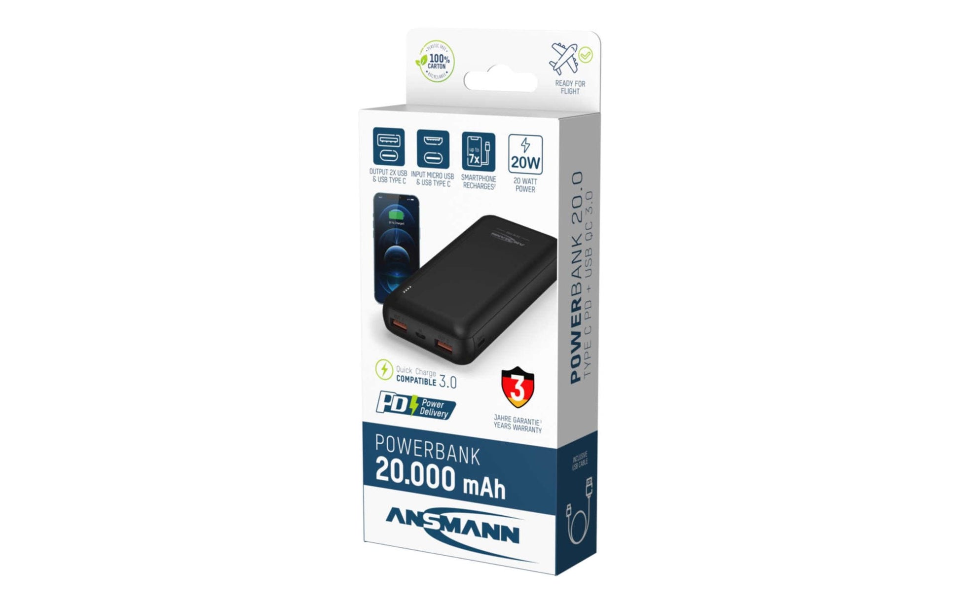 Ansmann PB320PD Powerbank 20'000 mAh – 20 W PD, 1× USB-C, 2× USB-A, schwarz