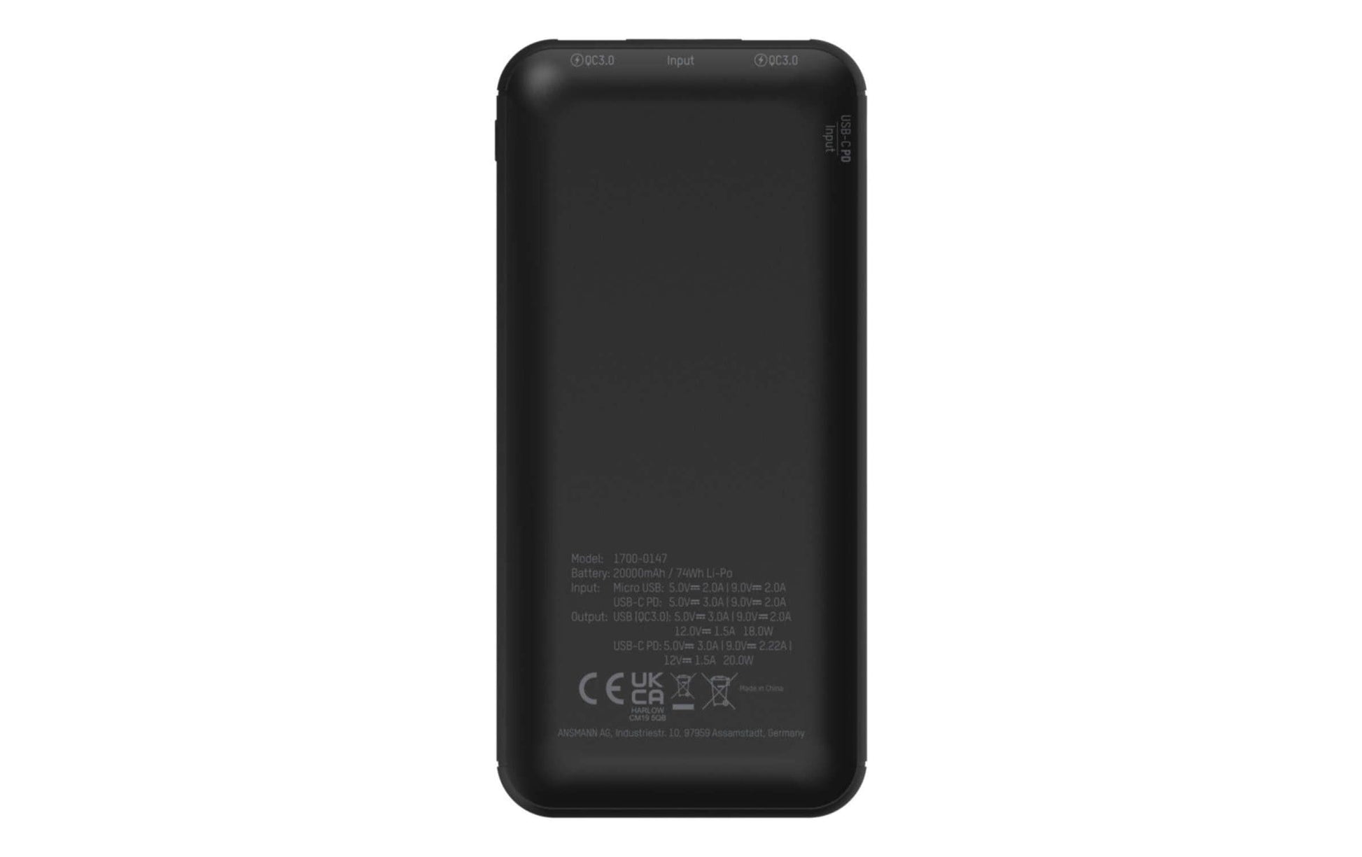Ansmann PB320PD Powerbank 20'000 mAh – 20 W PD, 1× USB-C, 2× USB-A, schwarz