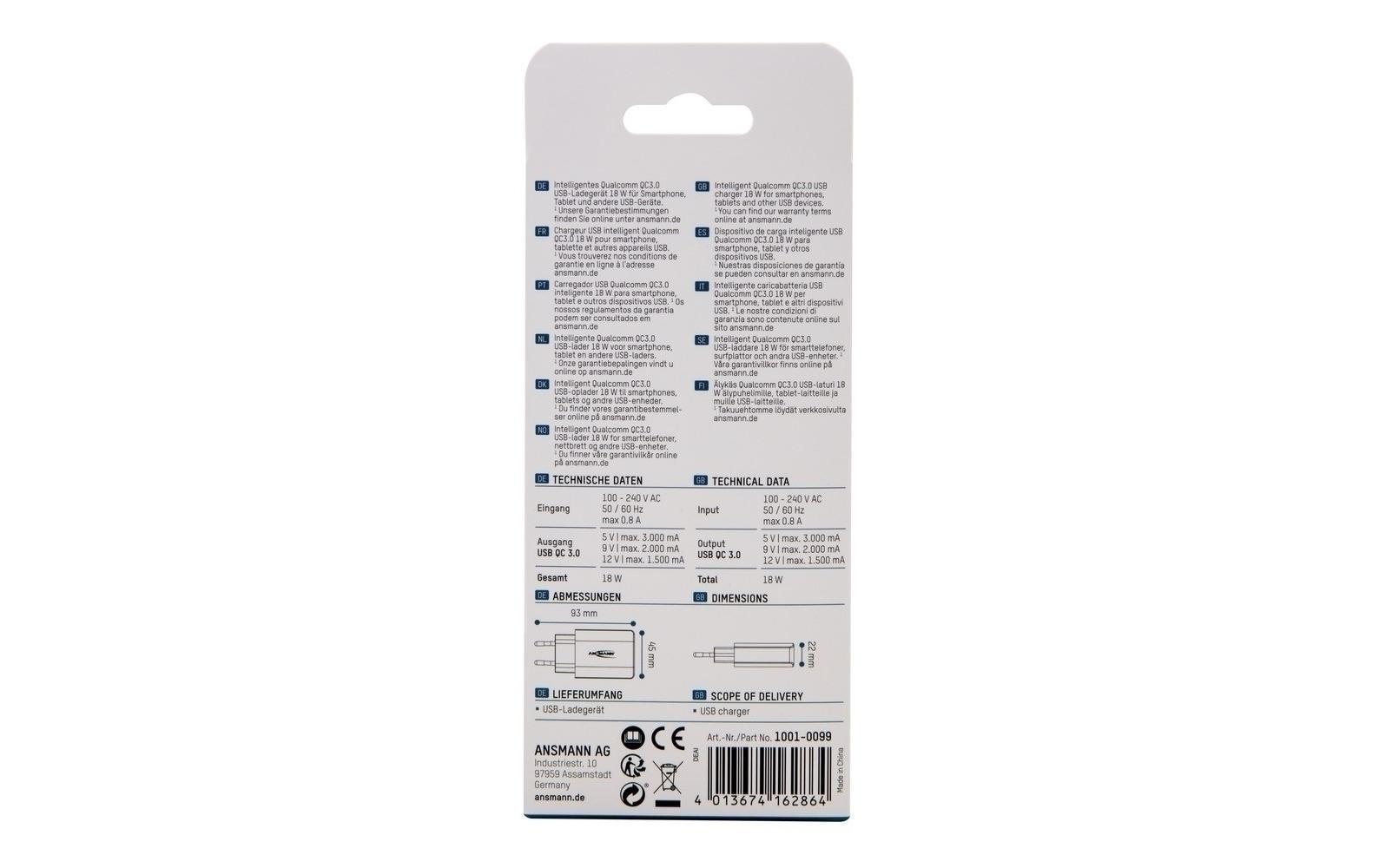 Ansmann HC218PD USB-Ladegerät 18 W – USB-A×1 – QC 3.0 – Schwarz