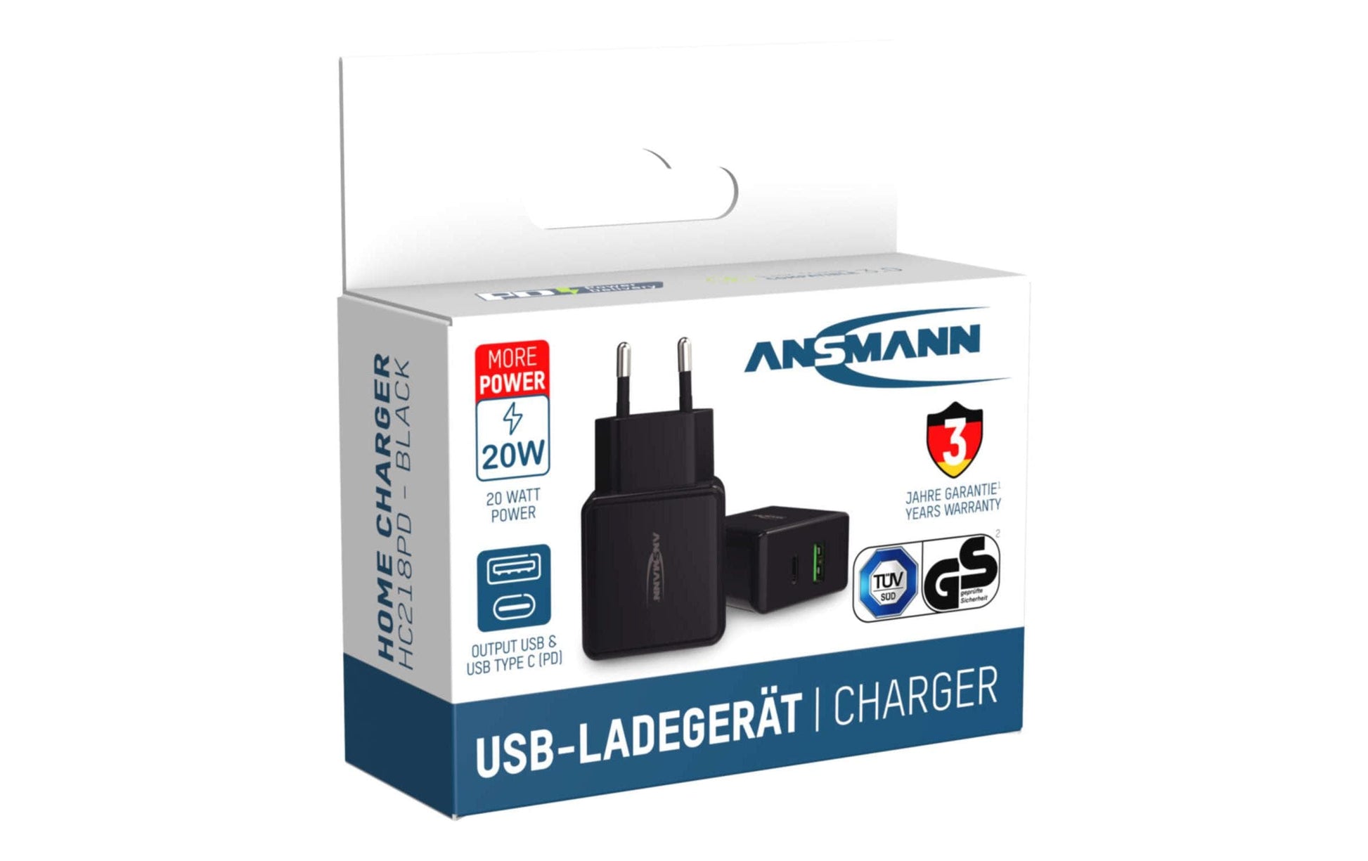 Ansmann HC218PD USB-Ladegerät 20 W – USB-C×1, USB-A×1 – PD, QC 3.0 – Schwarz