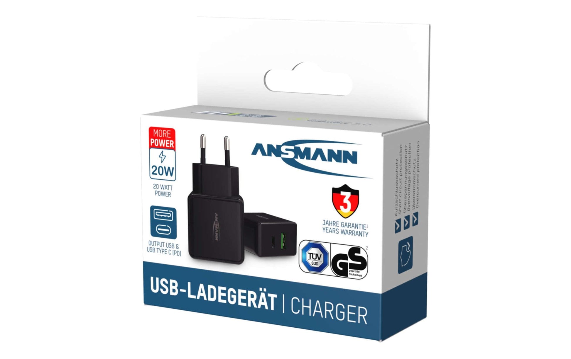 Ansmann HC218PD USB-Ladegerät 20 W – USB-C×1, USB-A×1 – PD, QC 3.0 – Schwarz