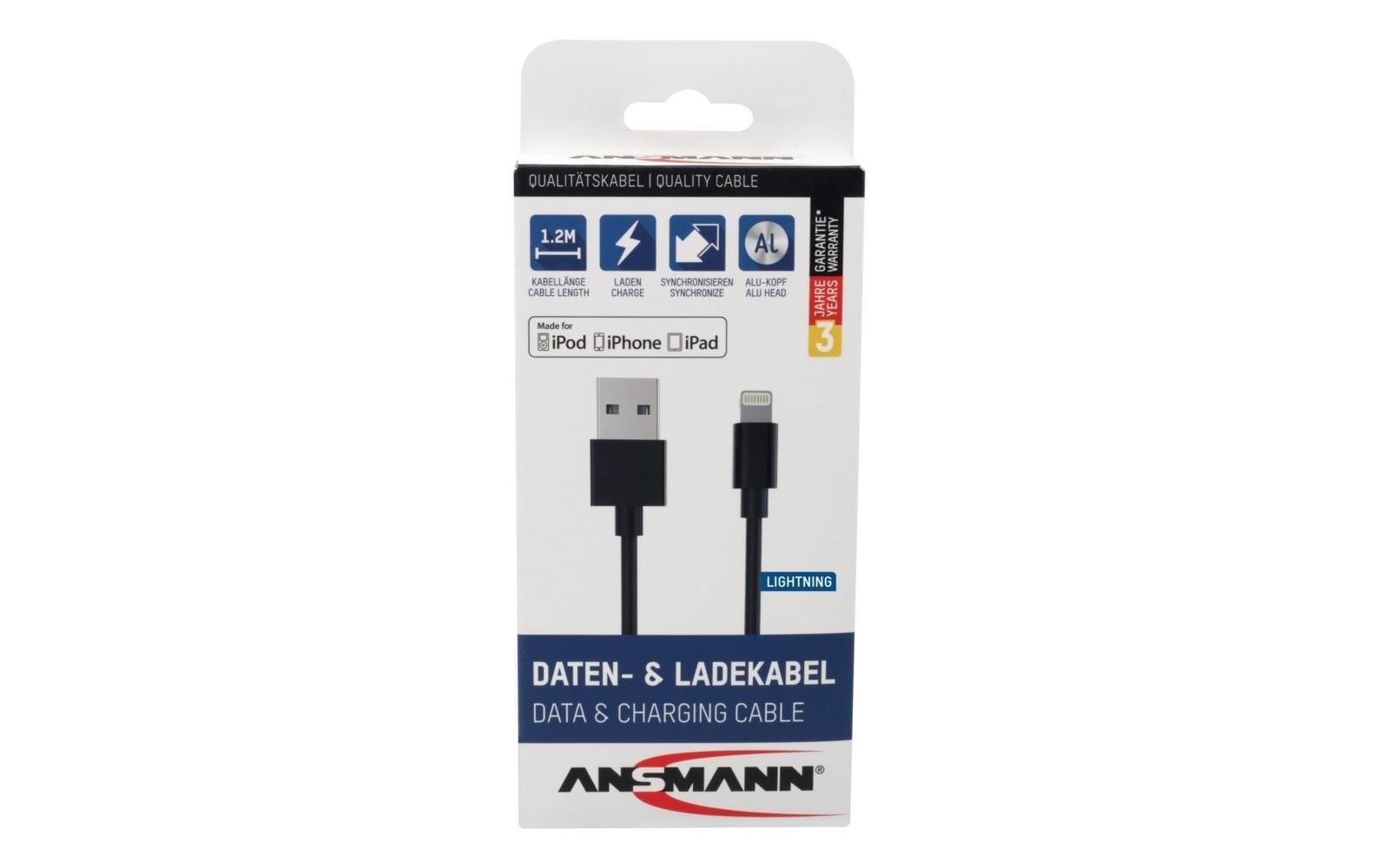 Ansmann Daten- & Ladekabel – USB-A auf Lightning 1,2 m, MFi zertifiziert – für iPhone/iPad