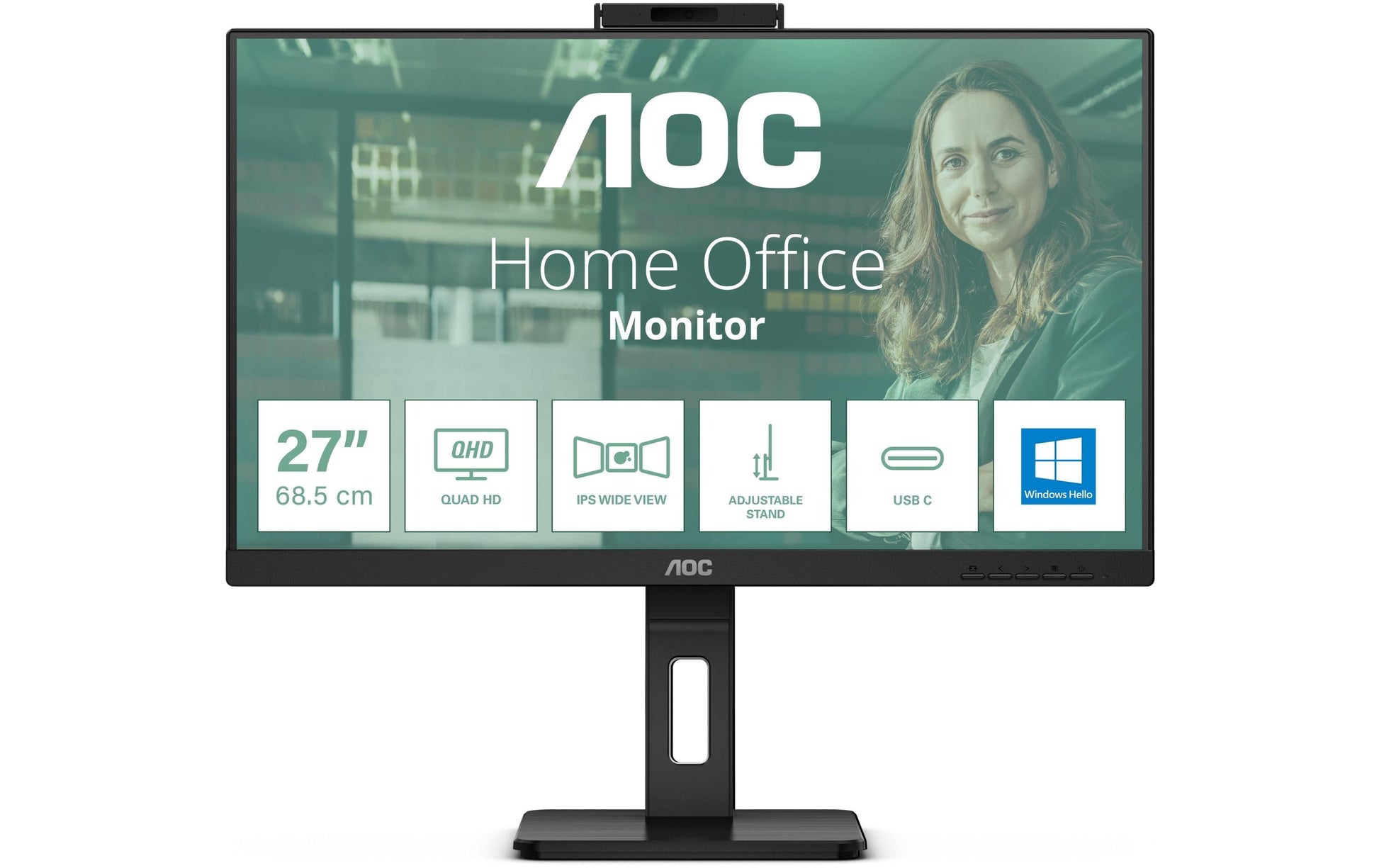 AOC Monitor, 27", IPS, 75 Hz, 350 cd/m², Webcam, USB-Hub, Integrierte Lautsprecher, VESA 100 × 100, Schwarz