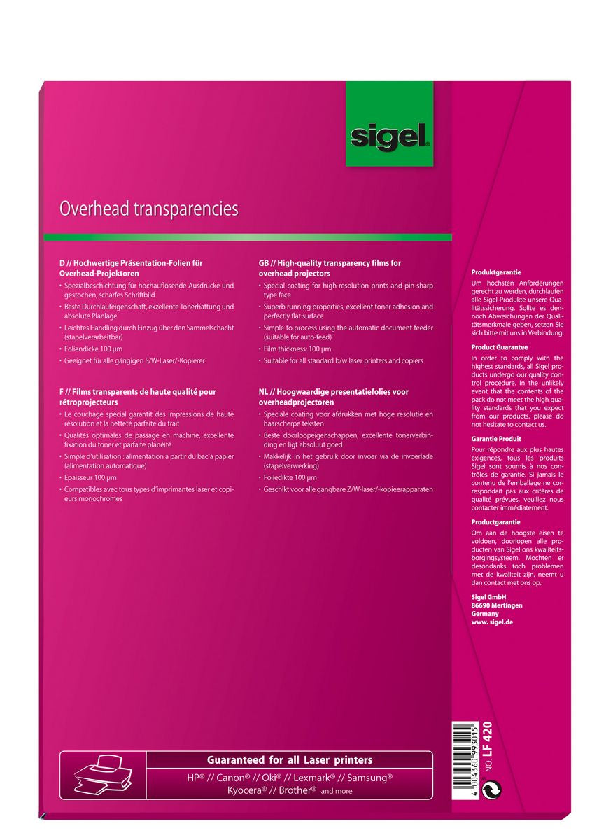 Sigel Spezialfolie – für S/W-Kopierer und Laserdrucker, A4 (210 × 297 mm), 50 Blatt