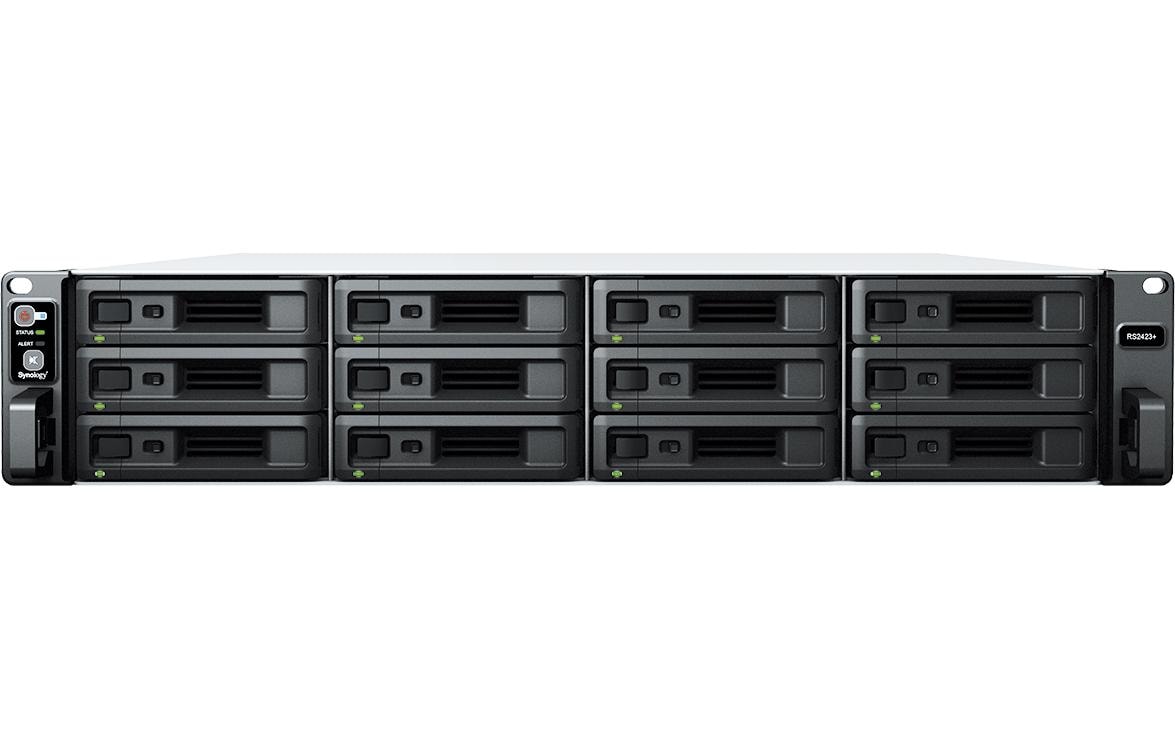 Synology RS2423+ – 12-Bay Rack 2U NAS – AMD Ryzen V1780B, 8 GB RAM, 10GbE, DSM, für 2,5"/3,5" HDD/SSD, SATA