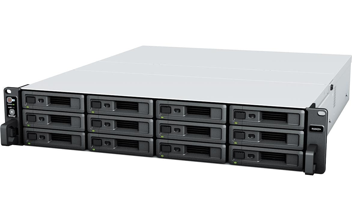 Synology RS2423+ – 12-Bay Rack 2U NAS – AMD Ryzen V1780B, 8 GB RAM, 10GbE, DSM, für 2,5"/3,5" HDD/SSD, SATA