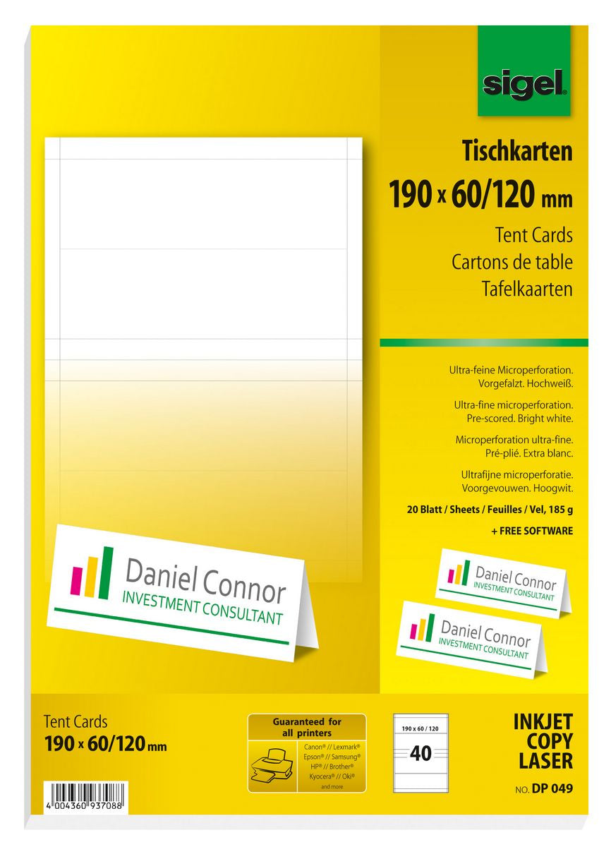 Sigel Tischkarten A4 (190 × 120 mm), 185 g/m², weiss, vorgefalzt – für Inkjet, Laser, Kopierer – 40 Karten