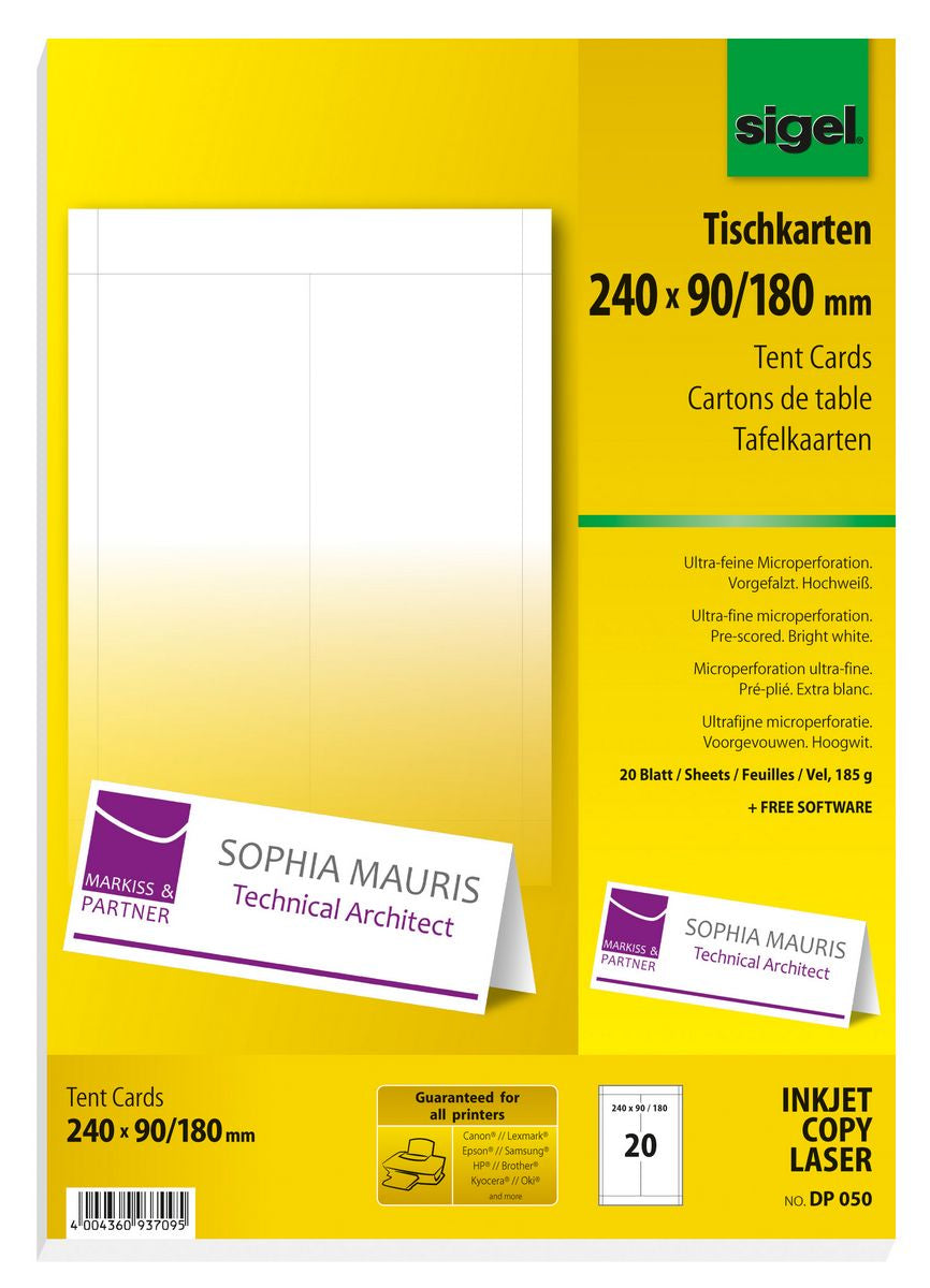 Sigel Tischkarten 240 × 180 mm, 185 g/m², weiss, Papier, vorgefalzt – für Inkjet, Laser, Kopierer – 20 Karten