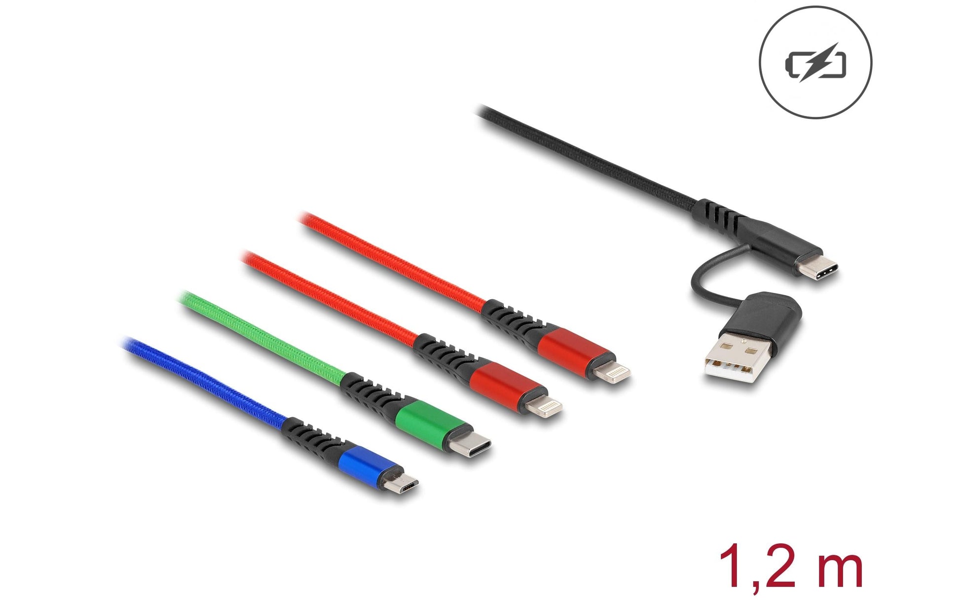 DeLOCK Multi-Kabel – 4-in-1 USB-A/USB-C auf Lightning/Micro-USB/USB-C 1,2 m, geflochten – für iPhone/Android