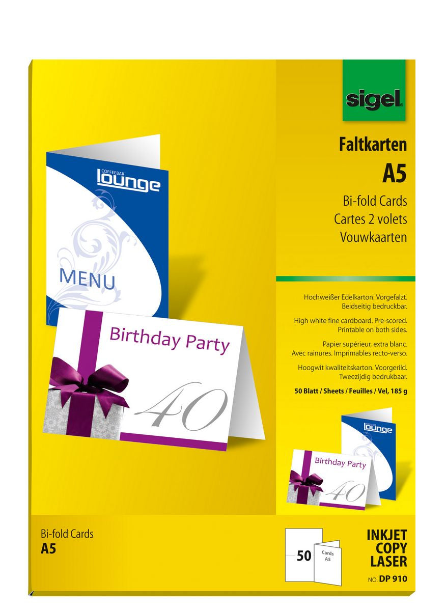 Sigel Faltkarten A5 (148 × 210 mm), 185 g/m², hochweiss, Edelkarton, vorgefalzt – für Inkjet, Laser, Kopierer