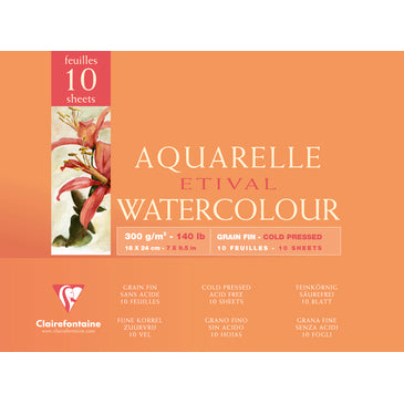 Clairefontaine Etival Aquarellblock – 18 × 24 cm – 300 g/m² – 4-seitig geleimt – 10 Blatt, orange, feinkörnig
