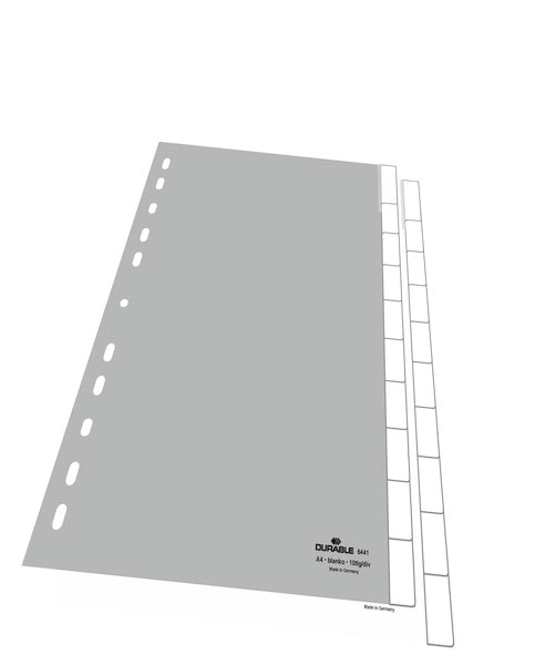 Durable Register A4 hoch – blanko, 10 Taben, PP grau, 11-fach, umschweisste Taben, Einsteckschilder