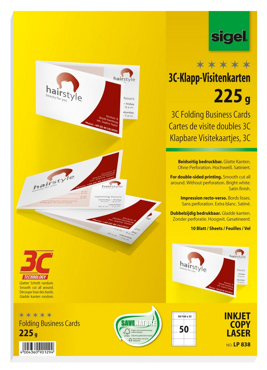 Sigel Visitenkarten, 180 × 55 mm – für Laser/Inkjet/Kopierer – A4, 5 pro Blatt – 50 Karten – FSC-zertifiziert