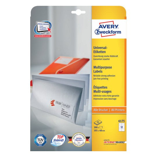 AVERY Zweckform 6175 – Etiketten A4 105 × 48 mm – Papier, weiss – permanent haftend – 12 pro Blatt, 25 Blätter