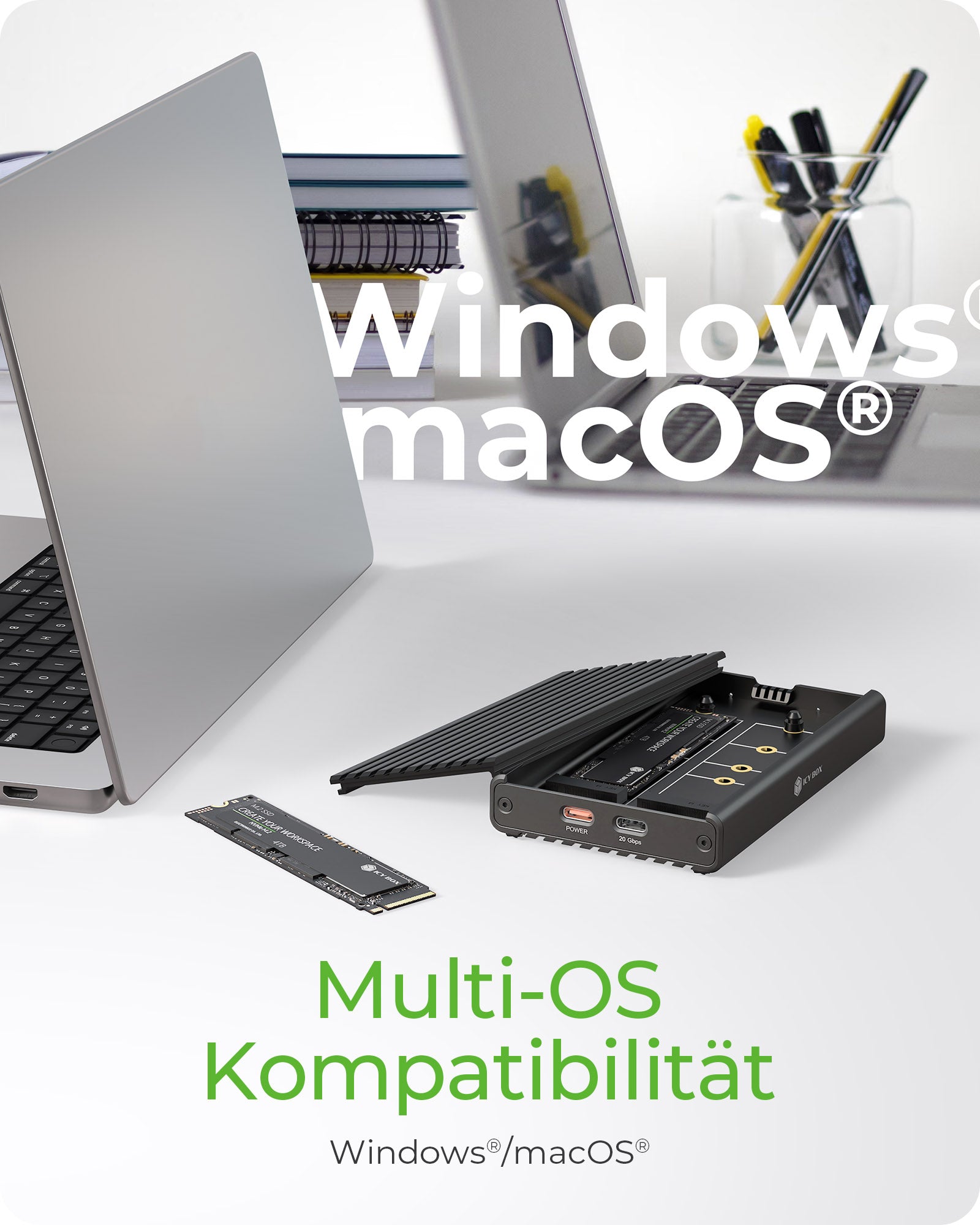 ICY BOX IB-2817M-C32 – 2-Bay Desktop SSD-Gehäuse – für M.2 22×30/42/60/80 mm, NVMe, PCIe 3.0