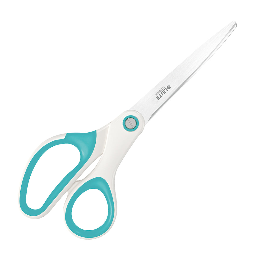 Leitz Schere 20,5 cm, für Rechts- und Linkshänder – Edelstahl, titanbeschichtet, Eisblau/Weiss