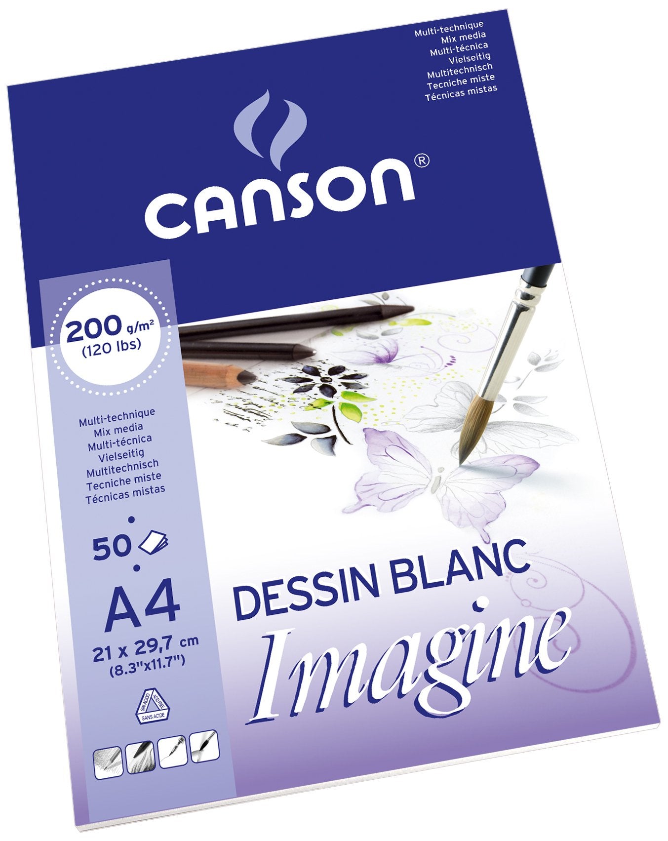 Canson Imagine Skizzenblock – A4, 200 g/m², weiss, feinkörnig, 50 Blatt, für Mixed Media – FSC